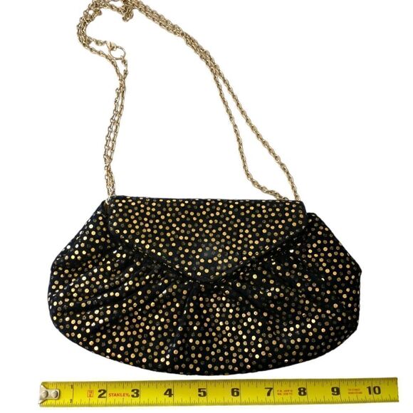 Lauren Merkin Suede Bag Black Gold Metallic Dots Chain Strap Evening Baguette. - Picture 4 of 16